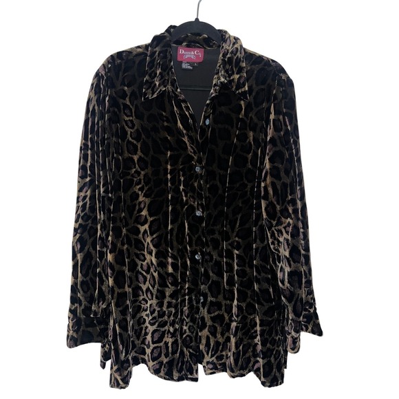 Denim&Co Tops - Vtg Denim & Co Leopard Print Velvet Button Down Shirt Brown Black Animal Print L